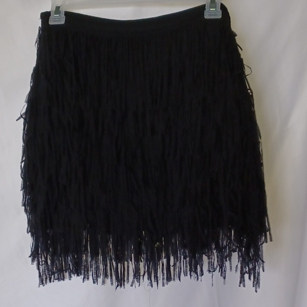 Zara Basic Black fabric Fringe Side Zip Mini Skirt Sz M